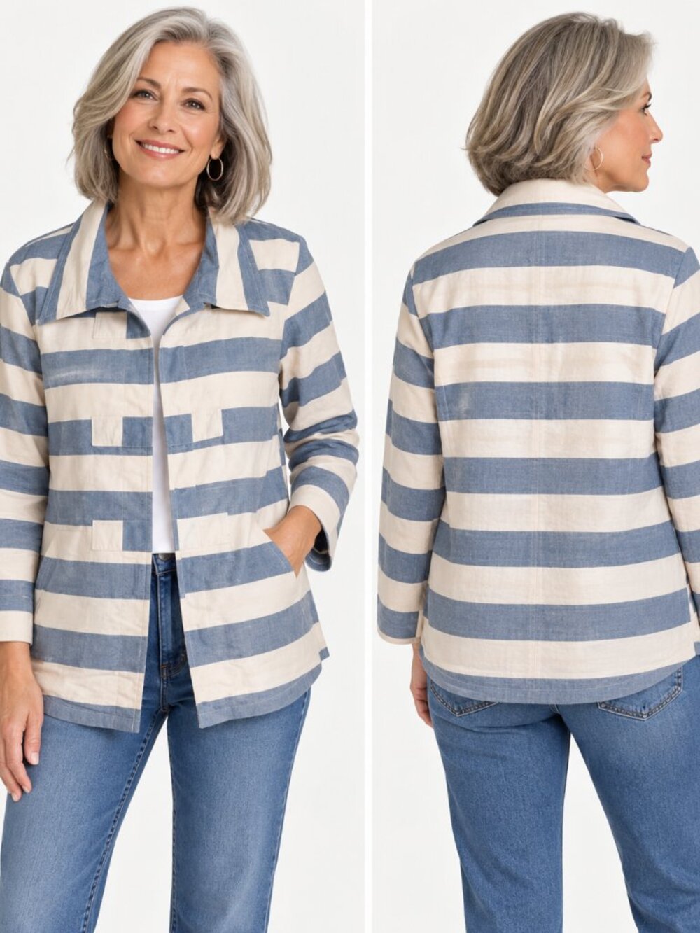 Beyond Threads Blue Ivory Stripe Lightweight Jacket Cotton Coastal Artisan Boho